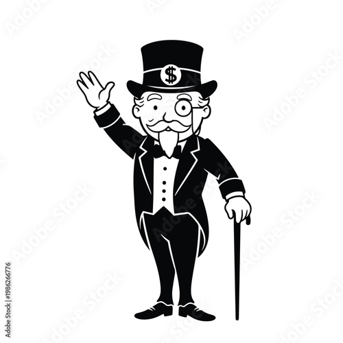 Black and white illustration of a wealthy capitalist character wearing a top hat and monocle.