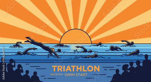 Triathlon Race Day Swim Start At Sunrise With Spectators Watching