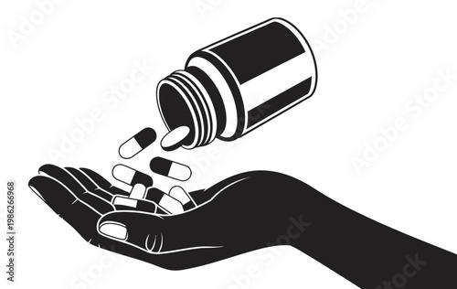 Black and white medical graphic, hand taking pills from bottle, capsules falling, pharmacy medication concept vector illustration isolated design