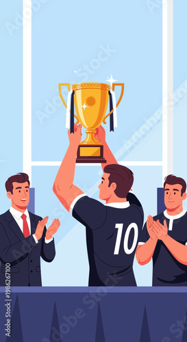 Triumphant Athlete Celebrates Victory by Raising Golden Trophy Amidst Applauding Spectators