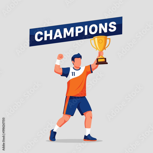 Triumphant Athlete Celebrates Victory Holding Trophy Displaying Championship Banner Overhead
