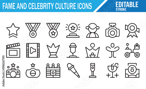 Show business and celebrity thin line icon set