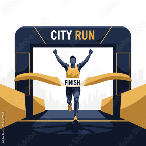 Triumphant Athlete Crossing Finish Line in City Run Race Celebrates Victory Earnestly
