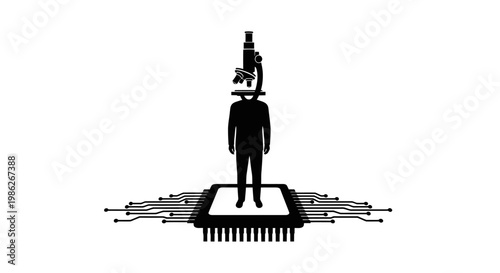 A person standing on a microchip with a microscope.