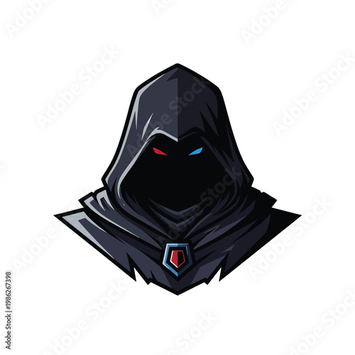 Mysterious hooded assassin mascot logo design for esports gaming team.