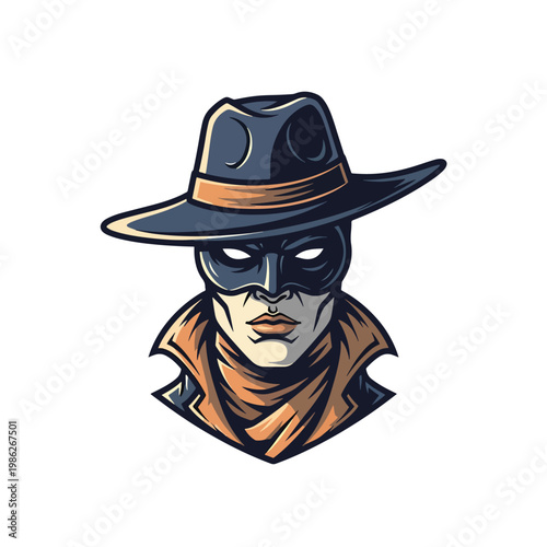 Mysterious Masked Vigilante Hero Wearing A Cowboy Hat And Trench Coat Illustration.