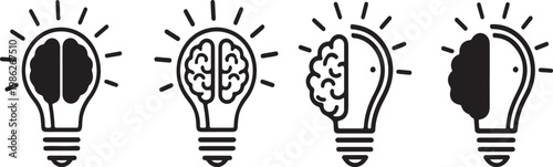 Brain in light bulb icon set. Creative, generating idea, solution , knowledge, lamp - stock vector.

