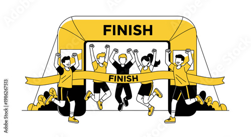 Triumphant Athletes Crossing Finish Line, Celebrating Victory and Success Together