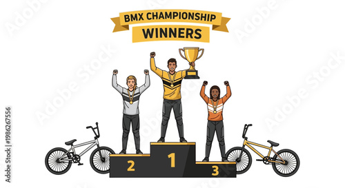 Triumphant BMX Champions Celebrate Their Victory on the Podium with Trophies