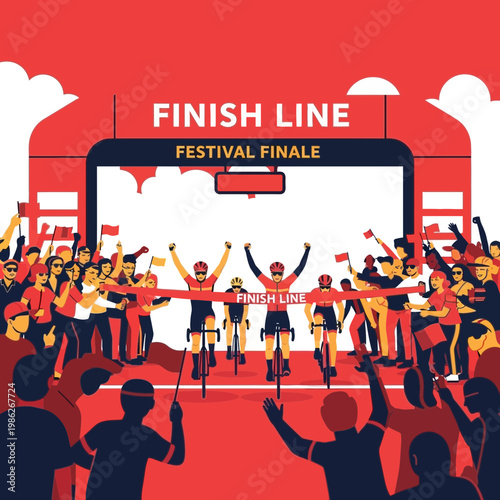 Triumphant Cyclists Crossing Finish Line During Festival Finale Celebrations Amidst Cheers