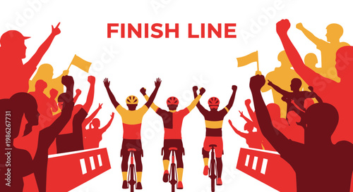 Triumphant Cyclists Crossing Finish Line, Celebrated By Supporters, Winning the Race