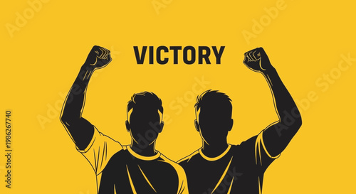 Triumphant Duo Raises Fists Celebrating Success and Achievement