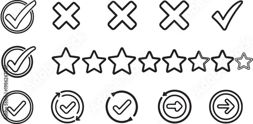 Checkmarks and stars rating icons on white background for business review