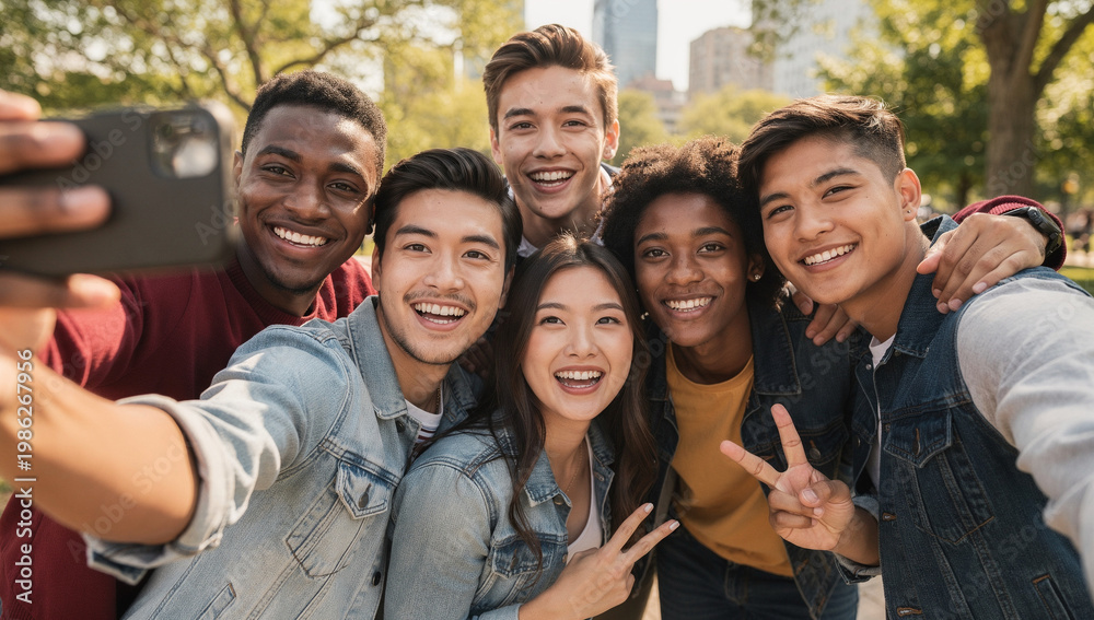 Fototapeta premium Young adults taking selfie together in the park. They are smiling and posing for camera.