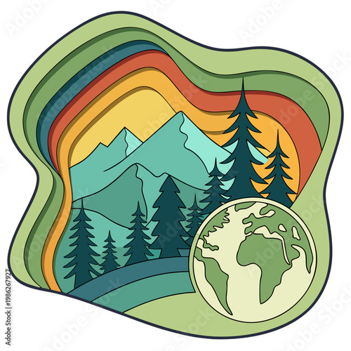 Layered paper cut mountain landscape with earth.