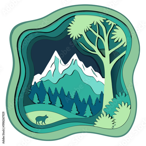 Night mountain scenery with large tree and wolf.