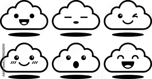 Six cute clouds with various facial expressions