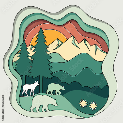 Layered paper cut mountain landscape with bears.