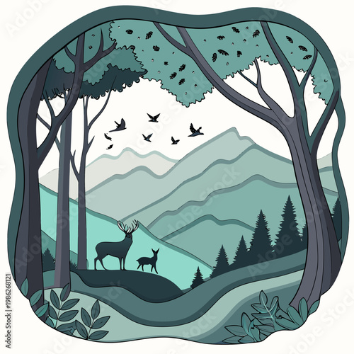 Deer and fawn in forest paper cutout art.
