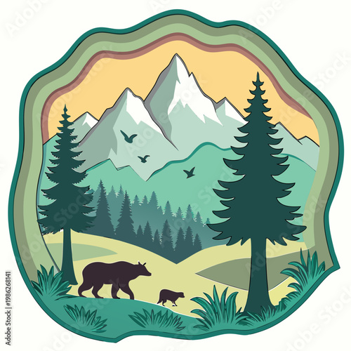 Paper cut forest landscape with bears and snowy mountains.