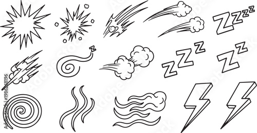 Comics zzz sleep dream symbols in black and white line art for editorial use