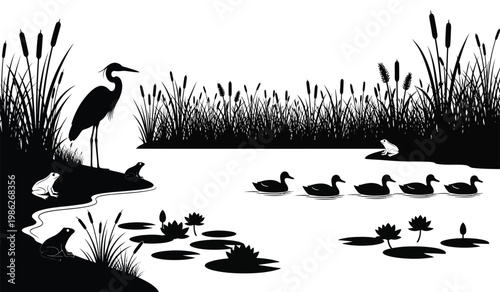 A serene wetland scene depicts a heron ducks frogs and lush cattails all rendered as a striking silhouette high quality professional detailed modern elegant
