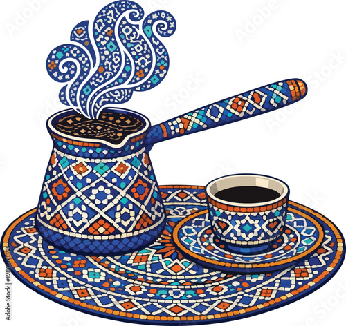 Ornate Turkish Cezve with Traditional Mosaic Tile Patterns and Ethnic Geometric Design