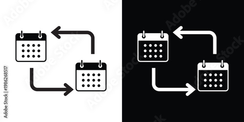 Calendar sync icon showing two date planners with looping arrows, ideal for scheduling, appointment updates, time management, and event coordination across digital platforms.