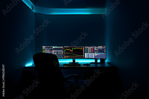 A dark room with a desk and three computer monitors displaying graphs