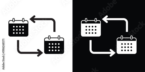 Calendar sync icon showing two date planners with looping arrows, ideal for scheduling, appointment updates, time management, and event coordination across digital platforms.
