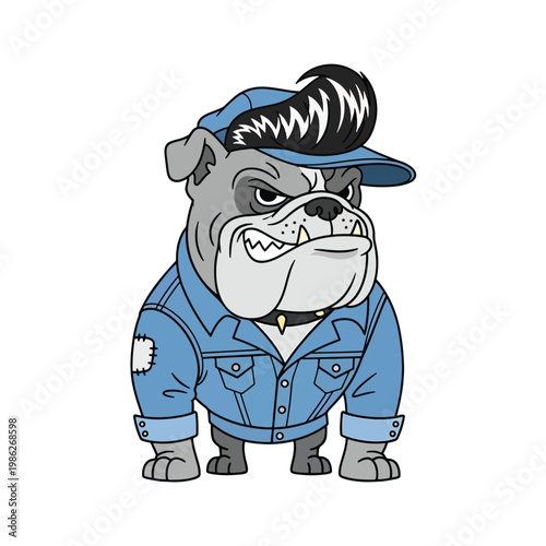 Tough Bulldog Mascot Illustration with Pompadour Hairstyle and Denim Jacket.