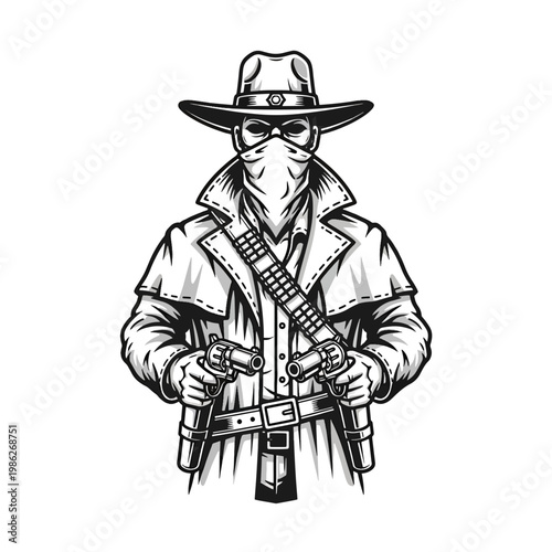 Vintage Cowboy Outlaw Illustration with Revolvers.