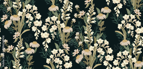 Flowers and leaves in vintage style, seamless pattern	

