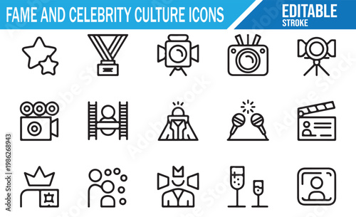Fame and celebrity culture editable stroke outline icon set