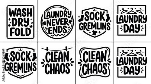 Black and white laundry phrase lettering set with sock gremlins and clean chaos text