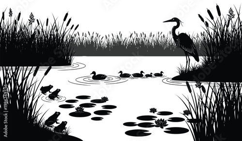 A serene black and white landscape depicts a heron ducks and frogs in a wetland setting rendered as a striking silhouette high quality professional