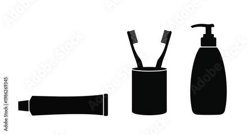 Black silhouettes of toothbrushes in a holder with toothpaste and soap
