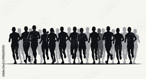 Silhouette of people running in a group on a light background