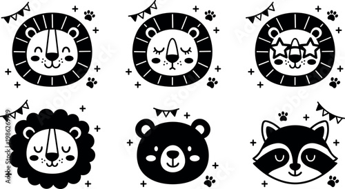 Black and white lion bear and raccoon faces with party banners vector art