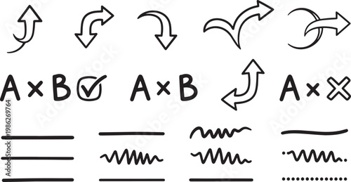 Set of hand drawn arrows and lines in black ink on white background for graphic design, minimalist style, monochromatic color, illustration format, for editing and drawing