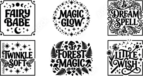 Black and white magical quotes with stars moons and nature elements vector art