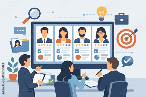 Business people evaluating candidate profiles on a large monitor for human resources recruitment and talent acquisition, HR team selecting best employees for job vacancy in modern office setting.