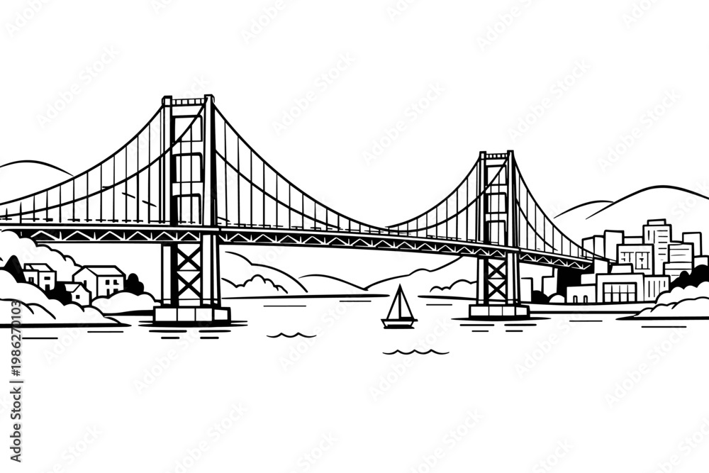 Fototapeta premium Detailed Line Drawing of a Suspension Bridge Spanning Across a Body of Water with a City Skyline and Hills in the Background, Minimalist Vector Illustration for Coloring Book and Design Projects.