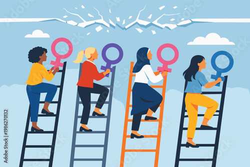 Empowered Diverse Women Climbing Ladders and Carrying Female Gender Symbols to Break Through the Glass Ceiling, Representing Gender Equality, Inclusion, Career Advancement, and Women's Leadership.