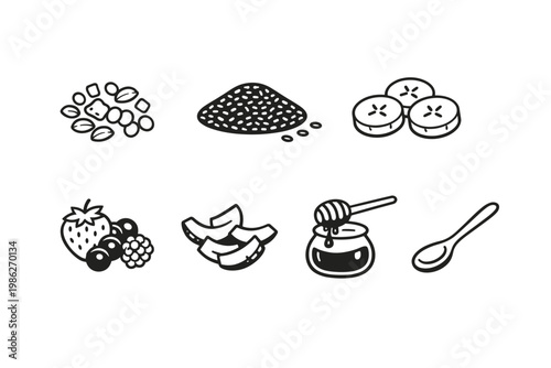 Set of Minimalist Flat Line Art Vector Icons Featuring Healthy Breakfast Ingredients Like Granola, Chia Seeds, Banana Slices, Mixed Berries, Coconut Flakes, Honey Jar, and a Spoon for Food Design