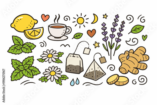 Hand Drawn Doodle Set of Herbal Tea Ingredients and Symbols Featuring Lemon, Mint, Chamomile, Lavender, Ginger, Tea Bags, Cup, Sun, Moon, and Hearts. Vector Illustration for Wellness and Health.