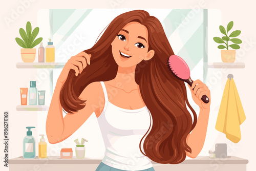 Happy Young Woman Brushing Her Long Brown Hair in a Bright Bathroom, Daily Beauty Routine and Hair Care Concept, Flat Vector Illustration of a Smiling Girl Grooming with a Brush and Cosmetics