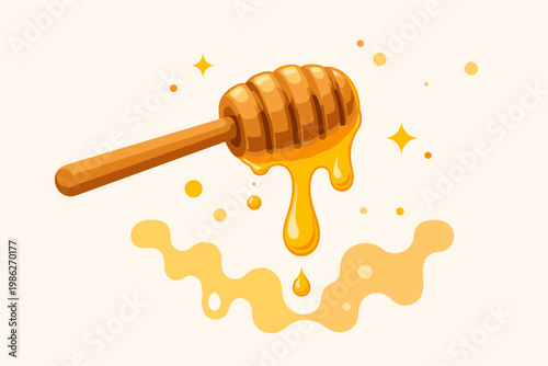 Honey dipper stick dripping sweet golden liquid in a simple flat abstract design, organic natural syrup nectar illustration for food and kitchen branding, vector art isolated on white background