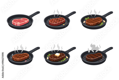 Illustrated collection showing various steak cooking stages in black skillets, from raw meat to perfectly seared grilled steak with butter, herbs, and garlic, isolated on white background vector.