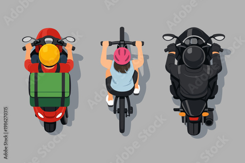 Top view vector illustration of people riding vehicles including a food delivery man on a red scooter with a green thermal box, a woman on a bicycle with a pink helmet, and a biker on a black